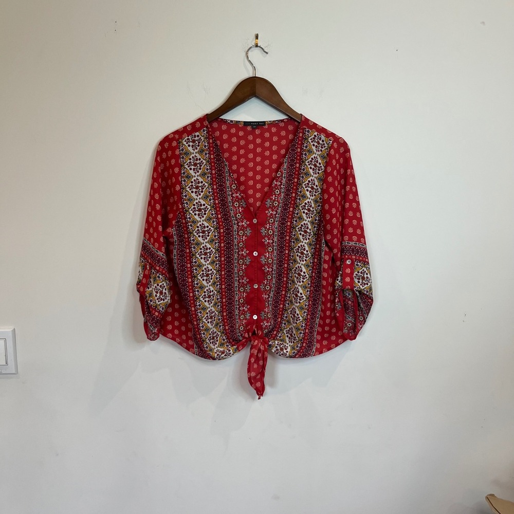 West Kei Red Boho Paisley Floral Tie Front Roll Tab Sleeve Blouse B011